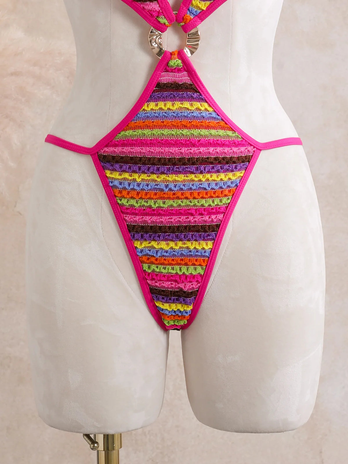 Sexy Black Stripe Knitted One Piece Swimwear Skirts Sets 2026 Women Metal Circle Hollow Out Backless Bathing Suit Thong Swimsuit
