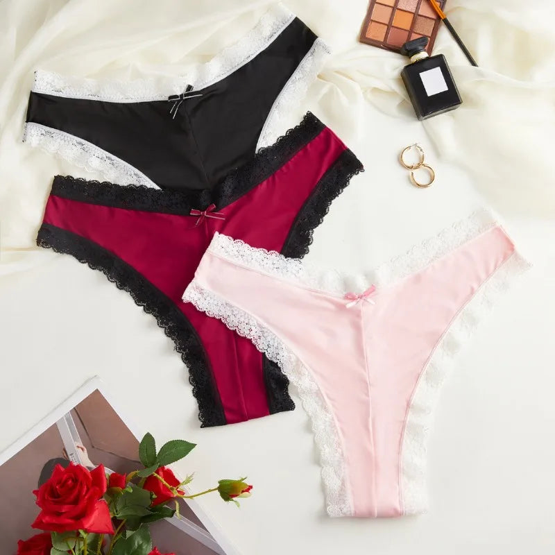 3pcs/Set Women's Low-Rise Triangle Panties French Lace Patchwork 2-Color Briefs Thin Gusset Chic Delicate Intimate Underwear