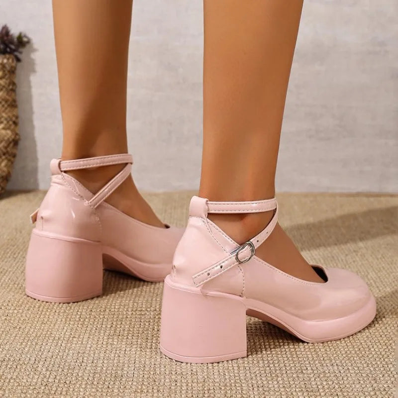 Fashion Ankle Strap Mary Janes Women 2026 PU Heel Pumps WomanParty High Heels Shoes Female