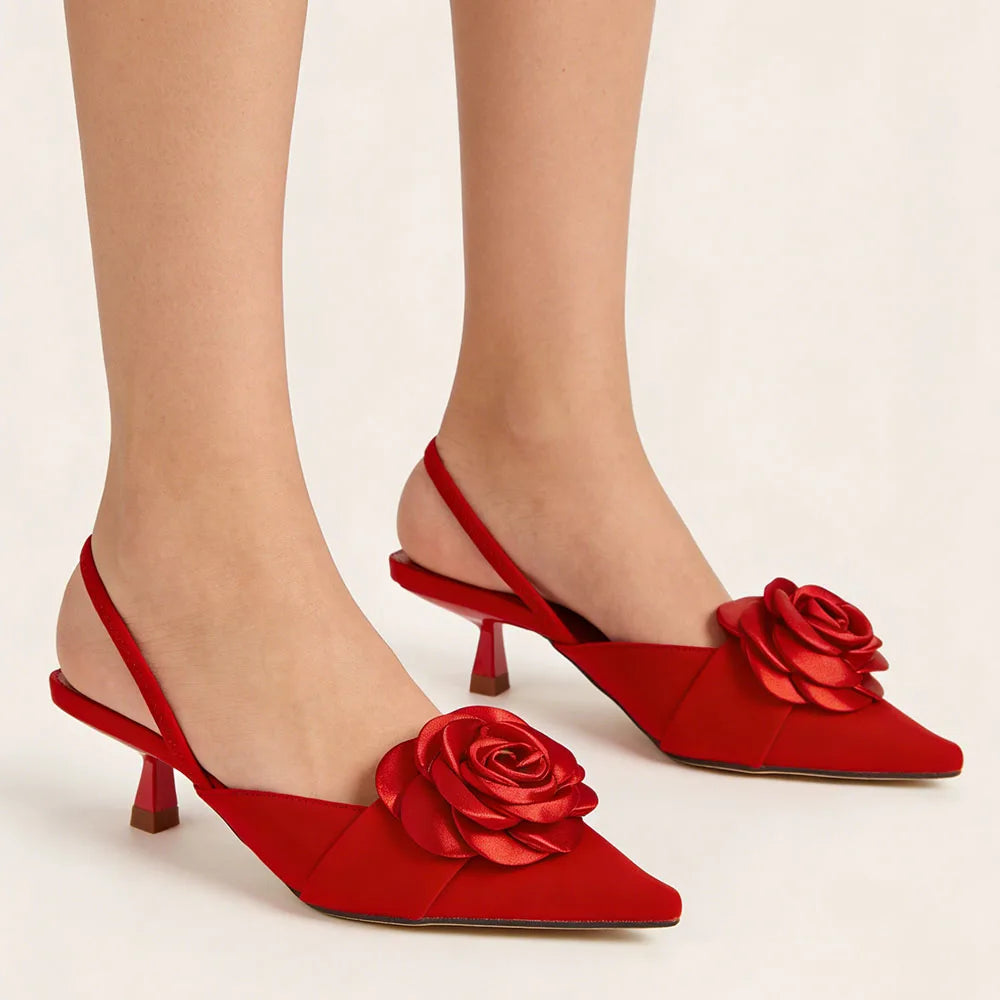 2026 Big Size 43 Summer Women's Pointy Toe Kitten Heels Slingback Satin Sandals Elegant Sandal Rose Flower Office Lady Shoes
