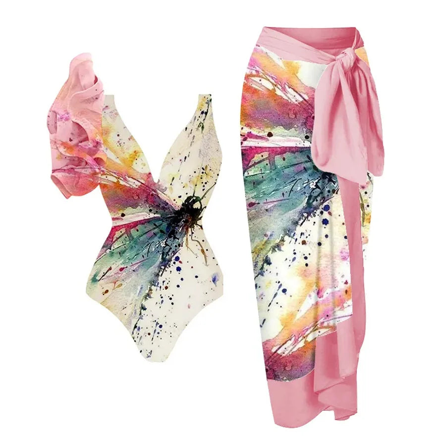 2024 Sexy Sling Ruffle Solid Two Pieces Bikini Women High Waist 3D Flower Swimsuit Skirt Summer Backless Beachwear Bathing Suit
