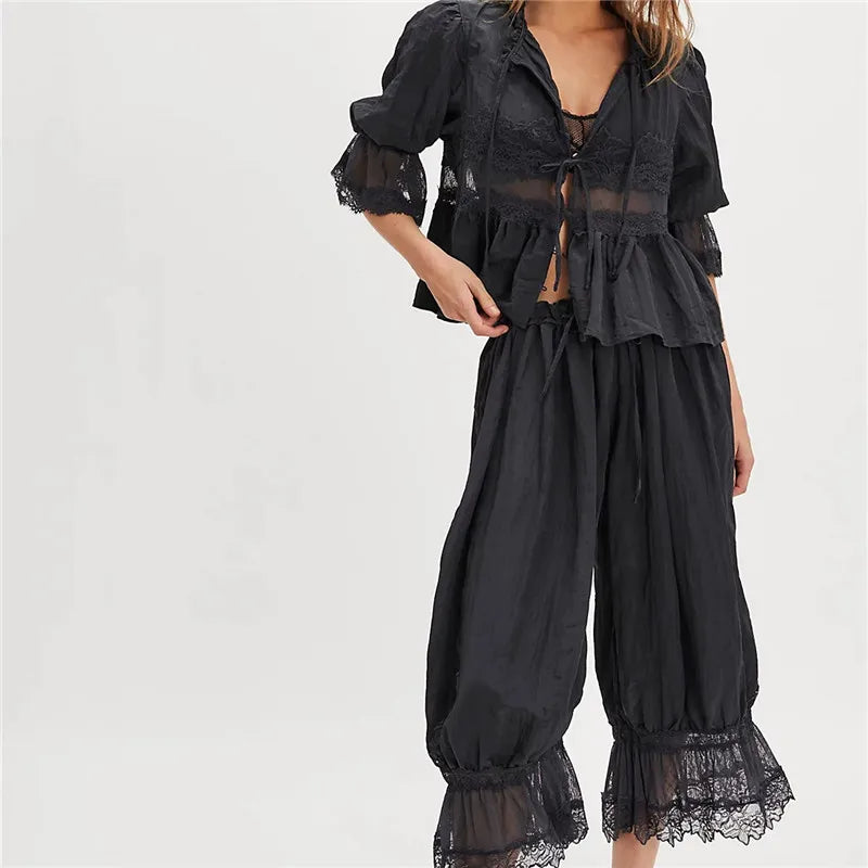 hirigin Women Lace Trim 2 Piece Pajamas Sets Y2k Bow Tie Front Short Sleeve Shirts + Ruffle Flared Lantern Pants Loungewear