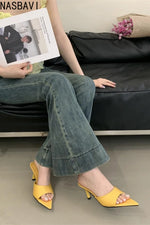 Ladies French Office OL High-heeled Slippers Shoes Fashion Pointed Sexy Women Open Toes Stripper Slides New 2026 Sandals Yellow