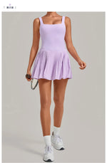 Naked Fake Two Piece Tennis Dresses with Pocket Bottom Women Back Hollow Out Pleate Skirts Outwear Square Collar Golf Yoga Dress