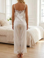 Women Summer Sleepwear White Satin Pajama Sets Lace Spaghetti Straps Cami with Pants Two Piece Sets