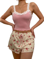 Women Pajama Set Lace Patchwork V-Neck Sleepwear Sexy Nighties Suit Camisole Top Printed Shorts Soft Pyjamas Loungewear