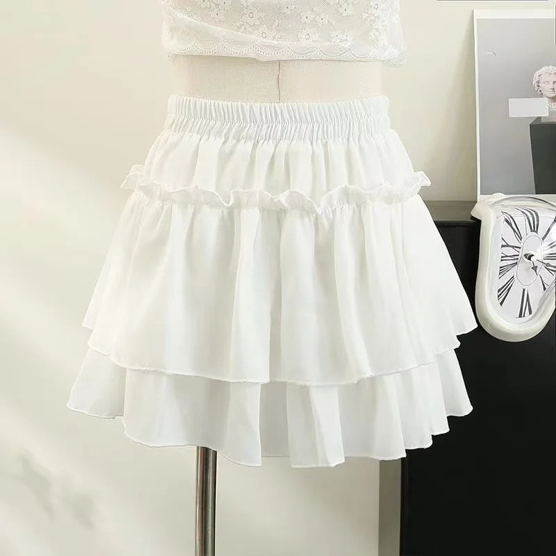 Summer Kawaii White Ruflles Skirt Women Fashion Slim Fit Mini Skirts Giris Y2k All Match Elastic High Waist Black