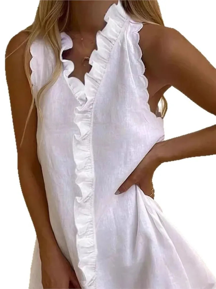 2025 Summer Sexy Casual Mini Dress Women Fashion Elegant Vacation Solid Color Ruffle Sleeveless Vestidos V-neck Loose Dresses