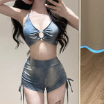 Swimsuit Women's Blue Tie Dye Split Bikini Cover, Sexy Women's Hot Spring Swimsuit Three Piece Set