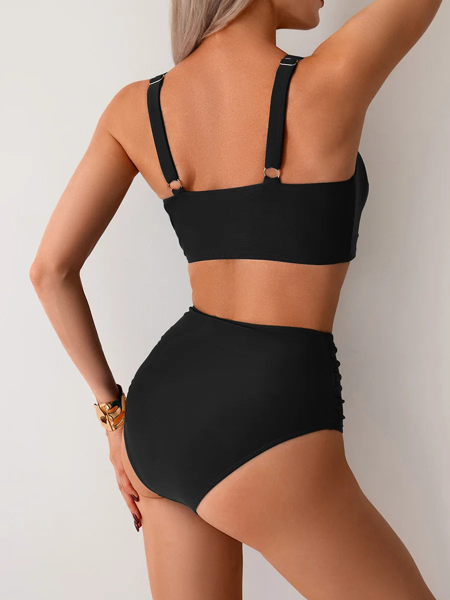 Sexy Black Two Piece Swimsuit Women Cross Pleate Push Up Padded Bikini Set Summer Bathing Suit Slim High Waist Swimwear Biquini
