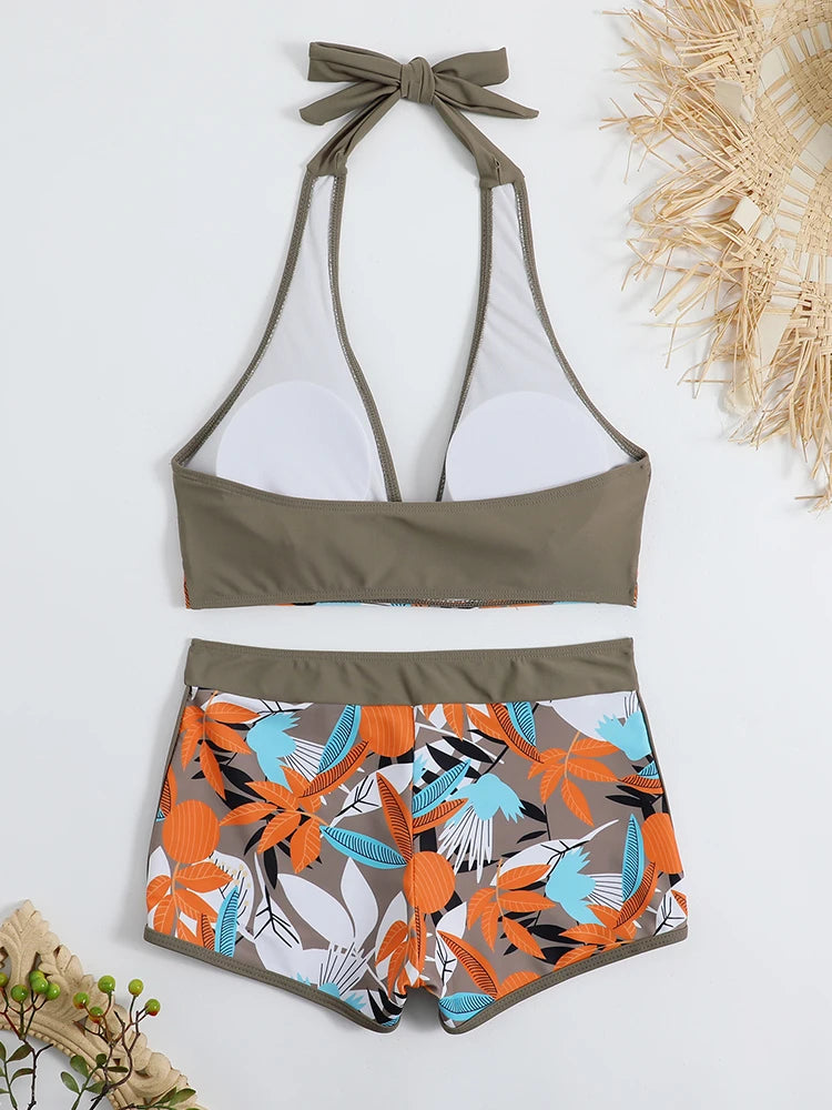 2026 Halter Bikini Set Short Swimsuit Women High Waist Swimwear Female Printed Bathers Swimming Bathing Swim Suit Beachwear