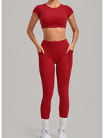 Yoga Set Women's Tracksuit Short Sleeve Back Hollow Out Sports Top Athletic Wear Tight High Waist Pocket Leggings Fitness Suits