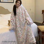 Thicken Flannel Cartoon Female Long Robe Hooded Nightgown Autumn Winter Sleepwear Home Clothes Loose Coral Fleece Warm Nightwear