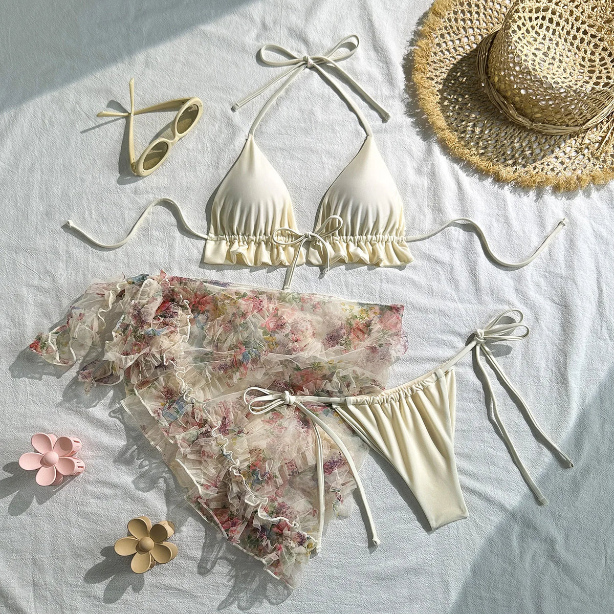 Vintage Mesh Floral Print Cover Up 3 Piece Bikinis Sets 2026 Women Ruffles Push Up Thong Swimsuit Beach Bathing Suit Swimwear