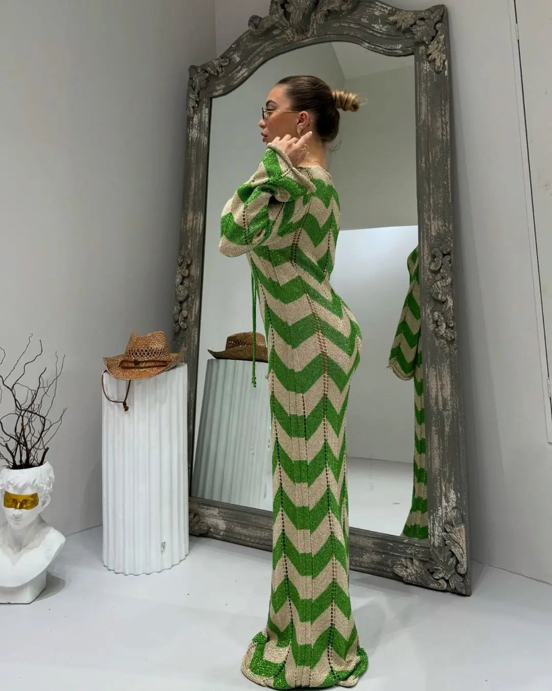 Knitted Dress Leace-up Vestido Dresses 2025 Woman Beach Hollow Out Slim Vacation Beachwear Temperament Long Sleeves Holiday Sexy