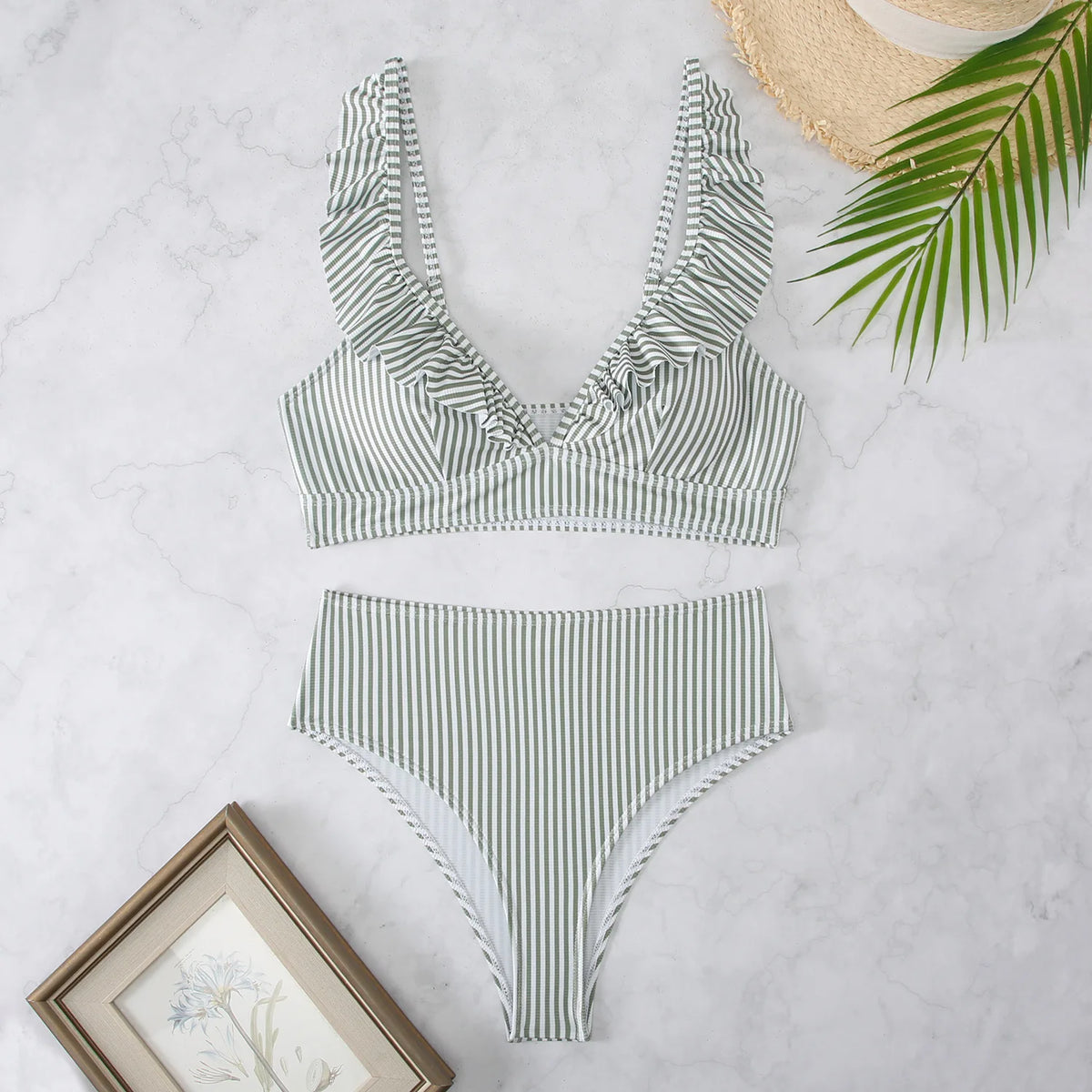 2026 Summer Sexy Deep V Neck Swimsuit Frill Trim High Waist Bikini Set Striped Print Backless Swimwear Bathing Suit Beachwear