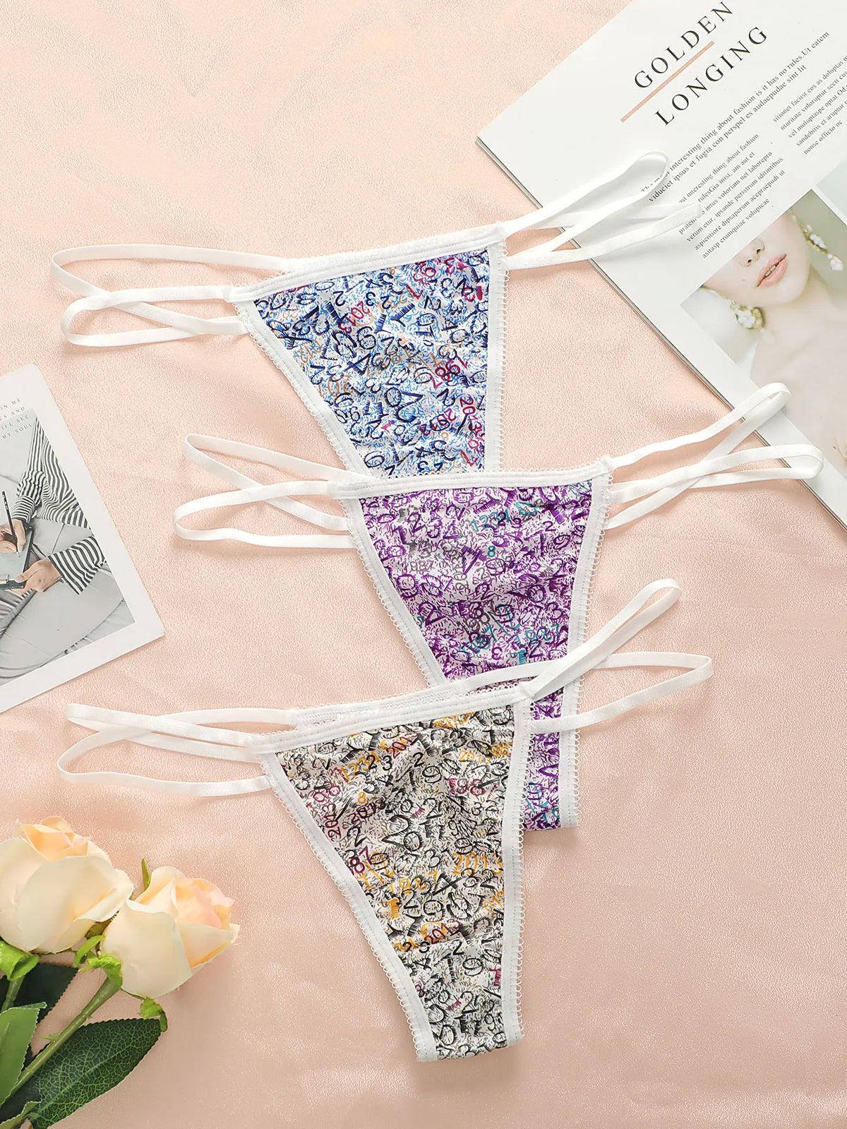 Women's 3-piece set of multi-color digital pattern thong with no trace low waist hollow out easy to wash and dry underwear C927