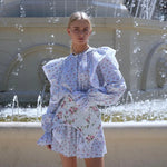 FDYOUI Women's O-neck Single Breasted Ruffles Floral Dress with Corset Ladies Chic Long Sleeve Tunics Shirts Dresses High Street