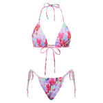 Combhasaki Women's Y2K Goth 2Pieces Tie-up Bathing Suits Sleeveless Halter Neck Backless Floral Bra + Low Waist Thong Swimsuits