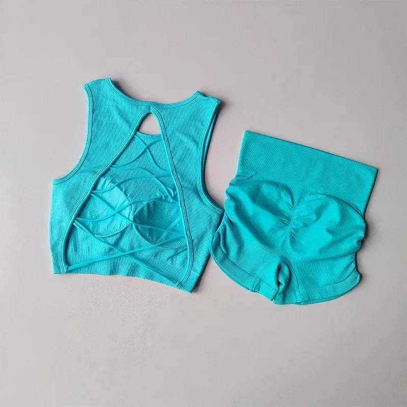 Women's Backless Cross Belt Sports Vest Yoga Exercise Fitness Suit Threaded Pleated Hip Lifting Shorts Set