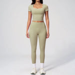 2PC Color Contrast Yoga Suit Women Short Sleeve Square Collar Slim Sports Top Fitness Suits Outdoor Exercise Leggings Tracksuit