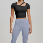 2 Pieces Women Tracksuit Yoga Set Spring Summer Short Sleeve Hollow Out Slim Sports Top High Waist Leggings Running Fitness Suit