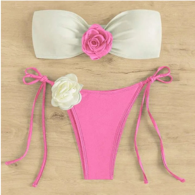 Sexy Bikini Set 2025 Bandeau 3D Flower White Black Contrast Push Up Micro Swimsuit Brazilian Cut Out Bathing Suit Thong Swimwear