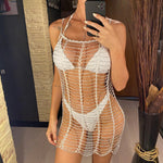 Luxury Bling Diamond Rhinestones Hollow Out Tunic Beach Cover Up Cover-ups Beach Dress Beach Wear Beachwear Female Women V4747SW