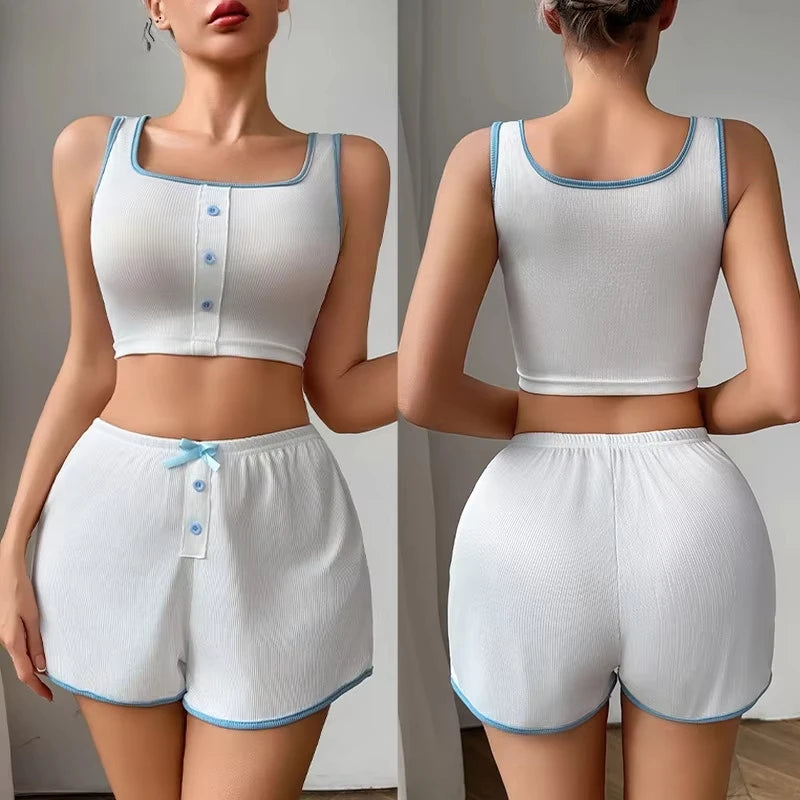 New Women's Summer Sleepwear Home Vest Bow Sweet and Simple Casual Home Wear Camisole Top Shorts Sleepwear Two-Piece Set Y2K