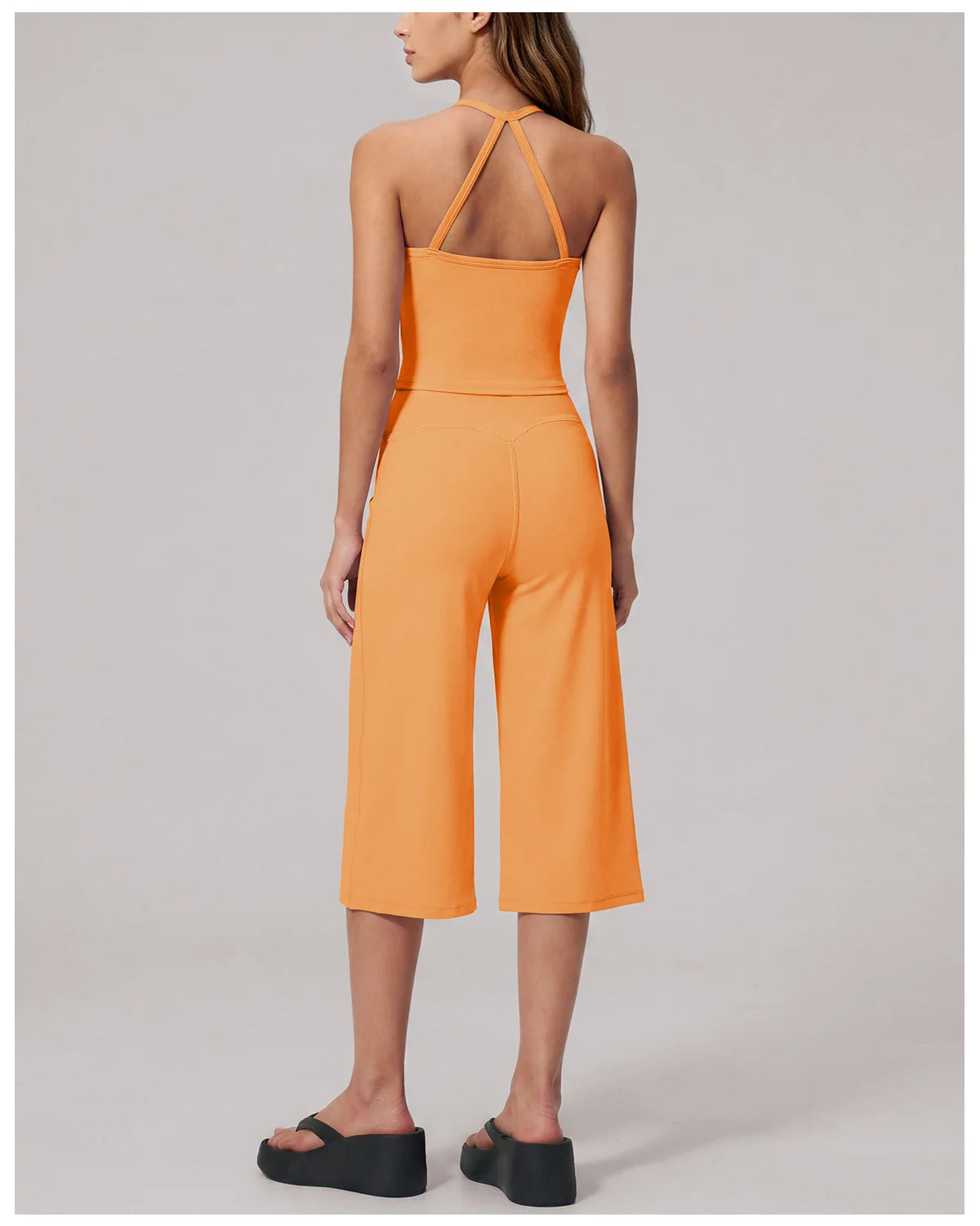Hanging Neck Camisole Yoga Sets Women Nude Hollow Back Cross Slim Sports Tank Top High Waist Wide Leg Capri Pants Fitness Suits