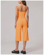 Hanging Neck Camisole Yoga Sets Women Nude Hollow Back Cross Slim Sports Tank Top High Waist Wide Leg Capri Pants Fitness Suits