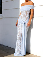 Women Off Shoulder Dress Sleeveless Lace Patchwork Tie-up Summer Long Dress for Cocktail Party