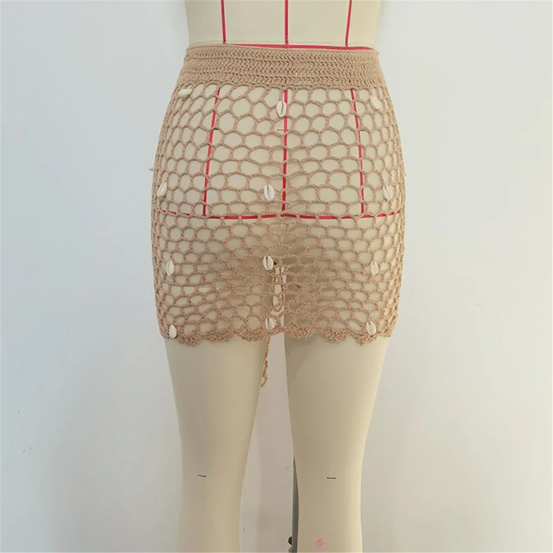 Hollow Out See Through Shell Crochet Knitted Beach Skirt Cover Up Cover-ups Beach Dress Beach Wear Beachwear Female Women V6479