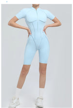 Summer Zipper Workout Jumpsuit Sports Overalls Women Running Fitness Short Sleeve Yoga Bodysuit