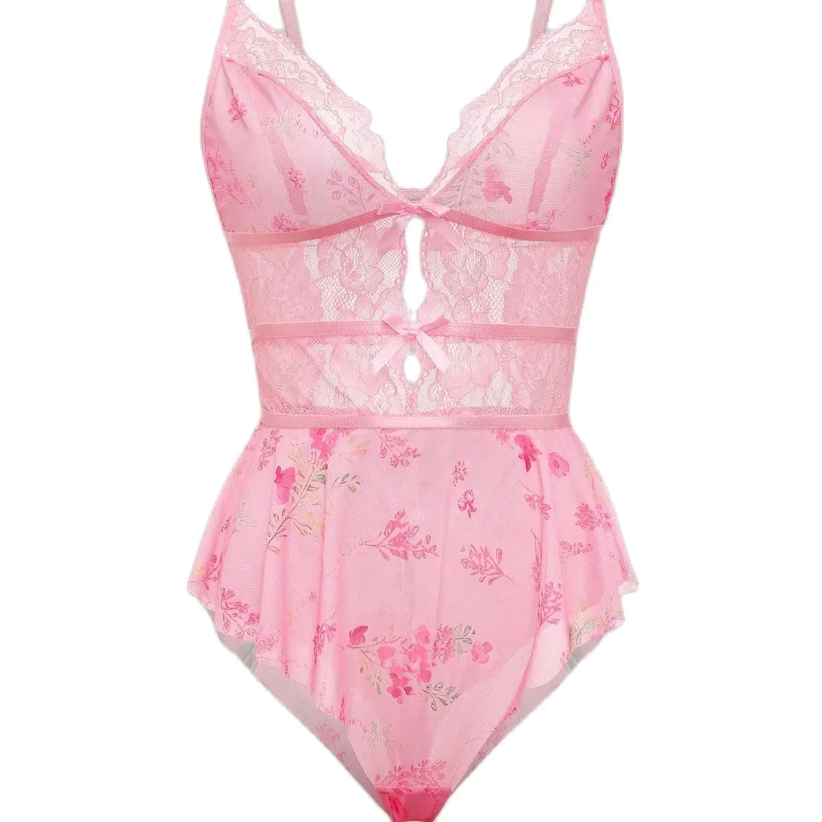 Floral Sheer Lace Deep V Bodysuits Transparent Hollow Mesh Patchwork Strap Slim Fit One Piece Bodysuits Sexy Women's Pajamas