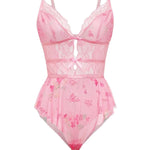 Floral Sheer Lace Deep V Bodysuits Transparent Hollow Mesh Patchwork Strap Slim Fit One Piece Bodysuits Sexy Women's Pajamas