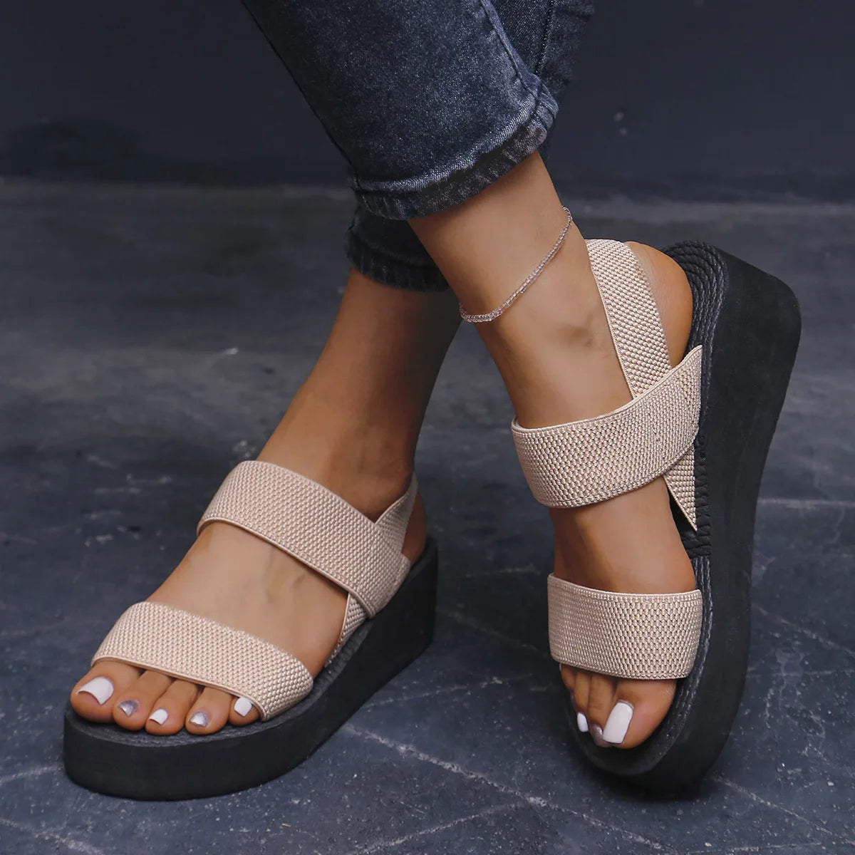 Women Minimalist Wedge Sandals Open Toe Thick Sole Female Platform Shoes Elasstic Back Strap Home Street Slingback Sandalias