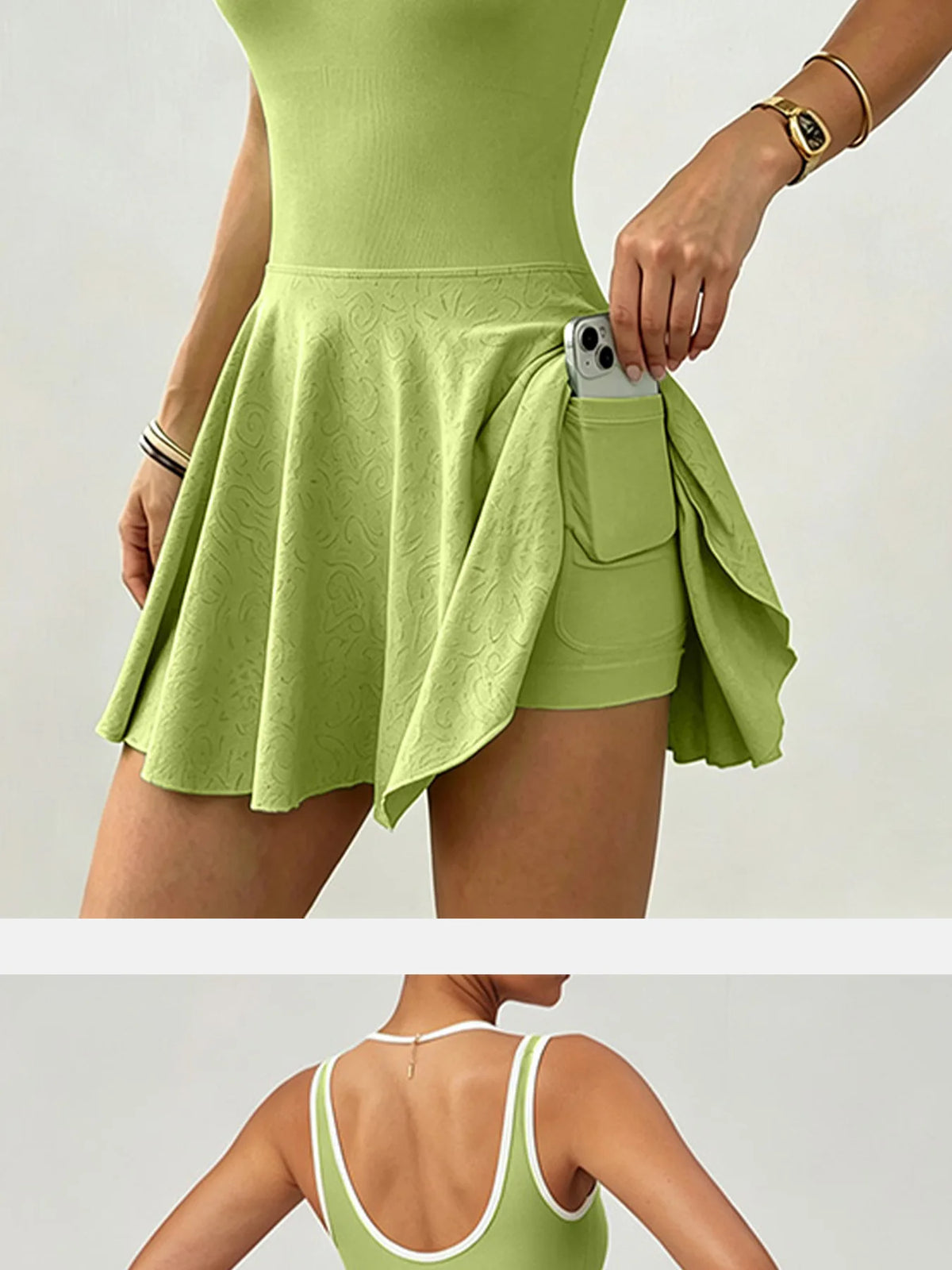 Naked Breathable Tennis Dresses with Built-in Pocket Shorts Women Color Contrast Hollow Out Backless Sports Golf Pleate Dress