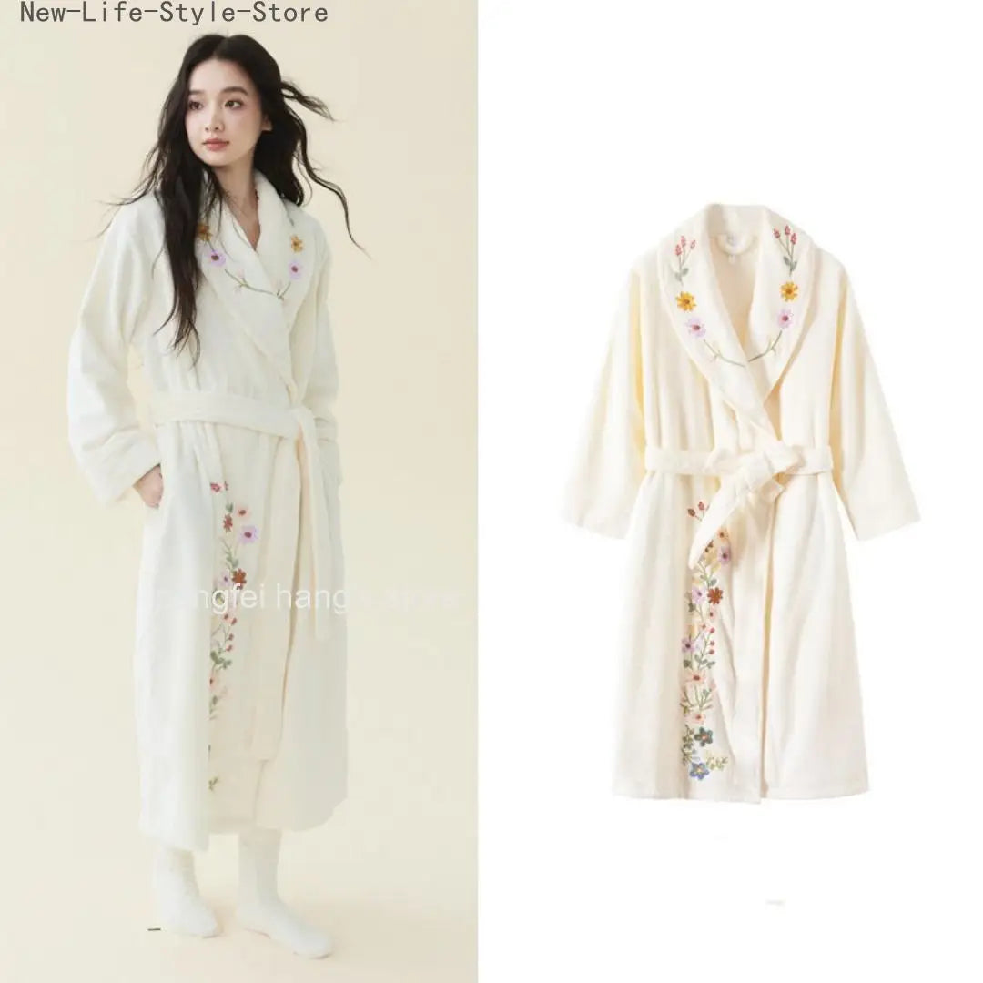 Thick Extra Long Embroidered Coral Fleece Bathrobe Elegant Ladies Winter Bridal Home Sleepwear Dressing Gown