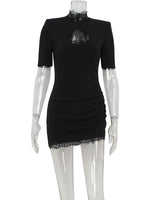Ahagaga Sexy Sheath Women's Mini Dresses Solid Lace Turtleneck Slim Fit Bodycon Hollow Out Half Sleeves Streetwear Vestidos Robe