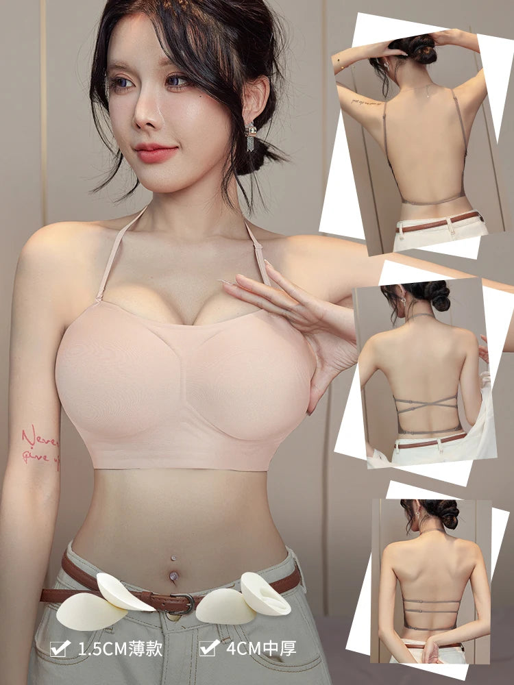 MOYISU Low Back Bra Small Chest -Thickened Pads Convertible Straps Seamless Enhancer for Dresses Elegant Exposed Shoulder Design