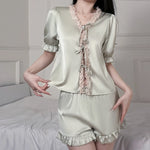 New Fashion Black Satin Pajama Set for Women Lace Trim V-Neck Short Sleeve Pjs Soft Comfortable Silky Sleepwear Shorts Set Gift