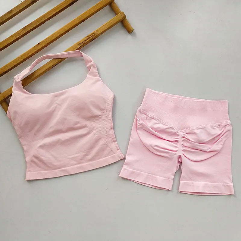 Yoga 2 Pieces Gym Set Women Backless Halter Tops High Waist Seamless Shorts Gym Suit Fitness Sports Bras Sportswear Workout Sets