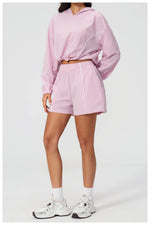 Summer Sun Protection Yoga Suit Women Contrasting Colors Long Sleeve Hoodies Top High Waist Shorts Running Fitness Athletic Wear