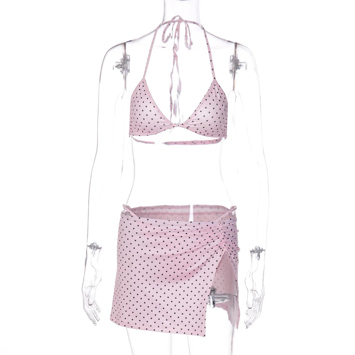 FDYOUI Women's Polka Dot Print Pink Swimsuit Lace-up Bras Panties Split Skirts 3 Pieces Bikinis Sets Bathing Suit Beach Swimwear