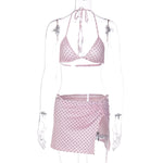 FDYOUI Women's Polka Dot Print Pink Swimsuit Lace-up Bras Panties Split Skirts 3 Pieces Bikinis Sets Bathing Suit Beach Swimwear