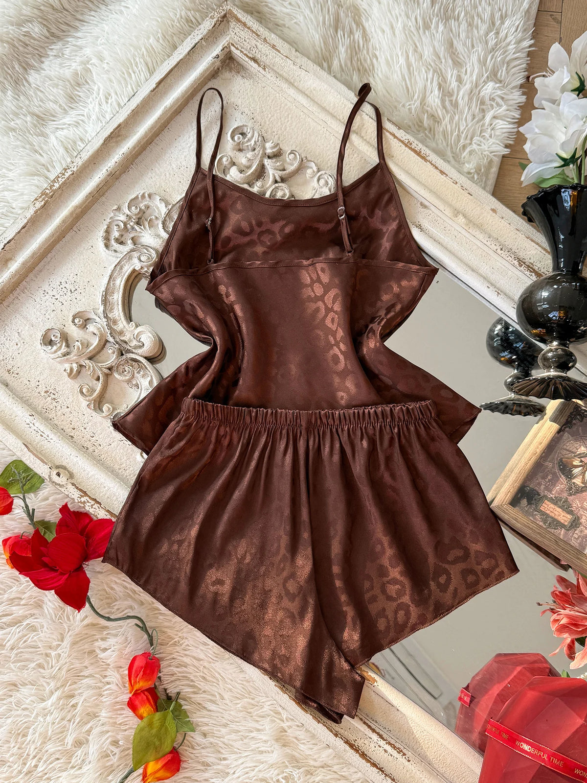 Fashion Leopard PrintWomen Pajamas Set 2 Piece Elegant Sleepwear Round Neck Top Paired with Shorts for Home