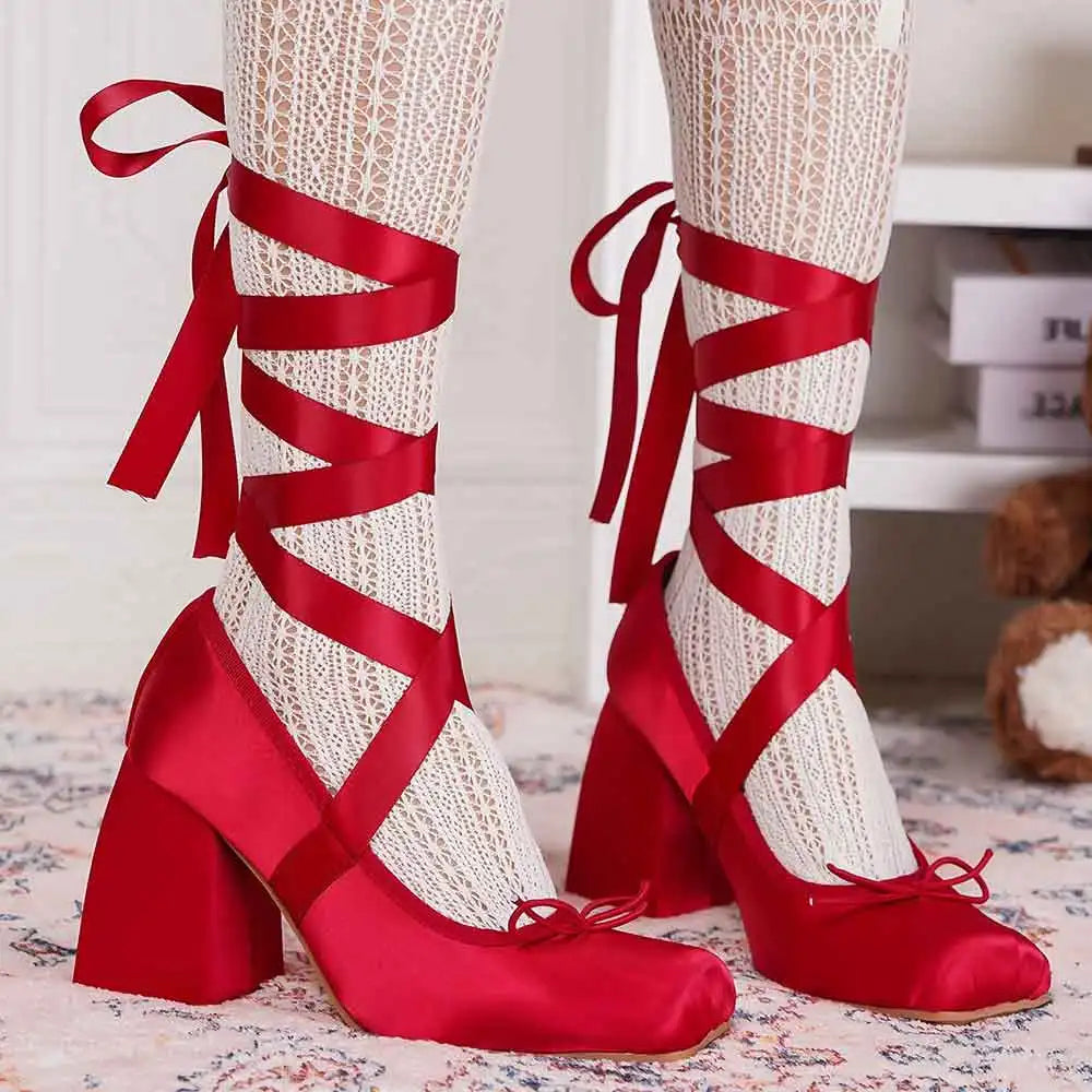 2026 Big Size 43 Cute Red Lolita Ankle Wrap Pumps Sweet 9cm Square High Heels Gothic Cosplay Ballet Style Mary Janes Shoes Women