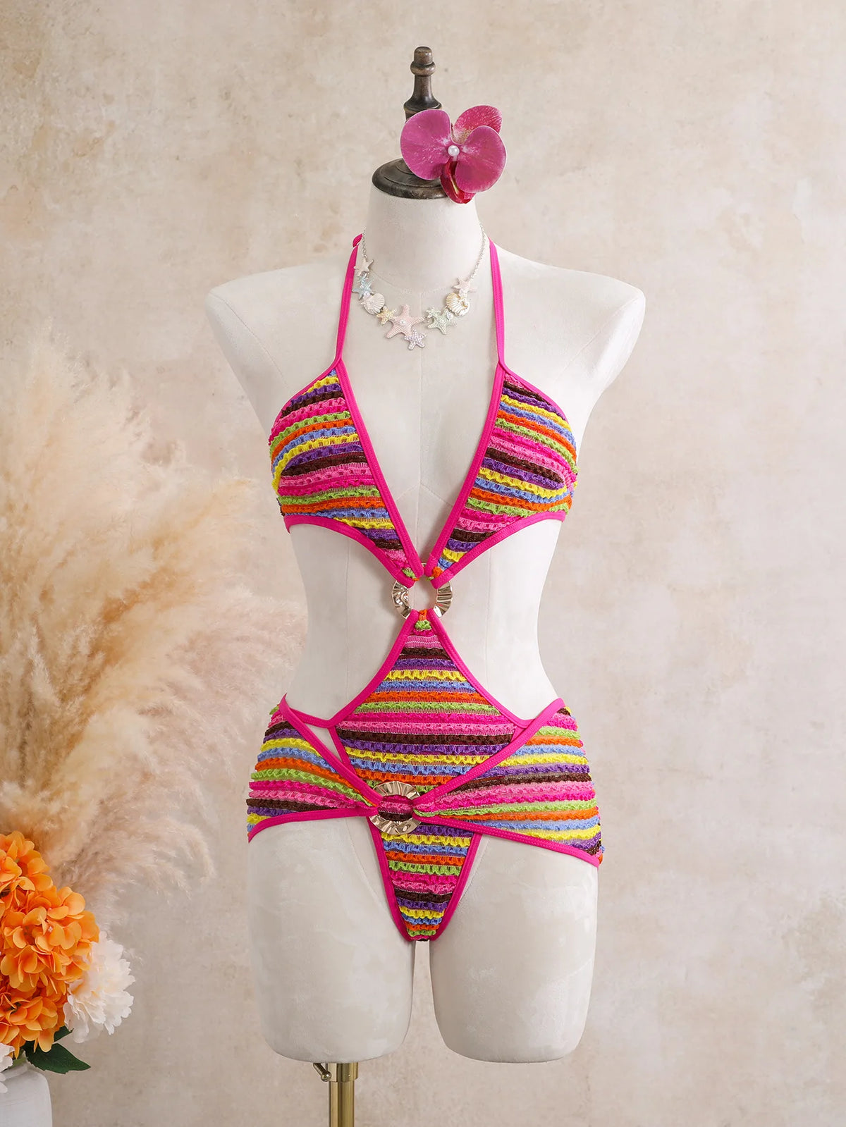 Sexy Black Stripe Knitted One Piece Swimwear Skirts Sets 2026 Women Metal Circle Hollow Out Backless Bathing Suit Thong Swimsuit