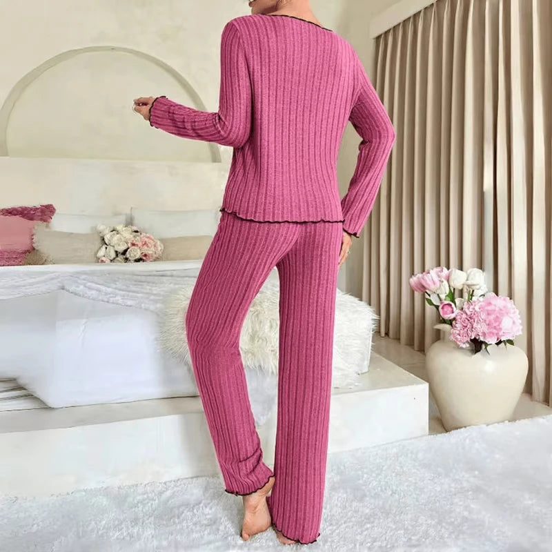 Women Autumn Winter New Sleepwear Y2K Ribbed Pajamas Set Long Sleeve Top and Long Pants 2 Piece Set Casual Homewear Loungewear